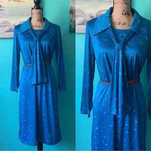 Vintage Blue Ascot Tie Leaf Print Longsleeve Dress
